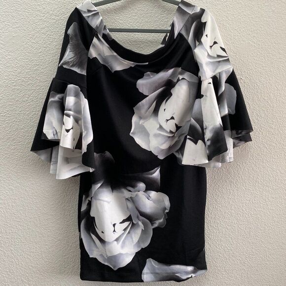 Venus Black & White Floral Bell-Sleeve Off-Shoulder Sheath Dress Medium NWT - Picture 1 of 4